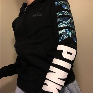PINK VS Size S Black Logo Zip Up Hoodie Sweatshirt